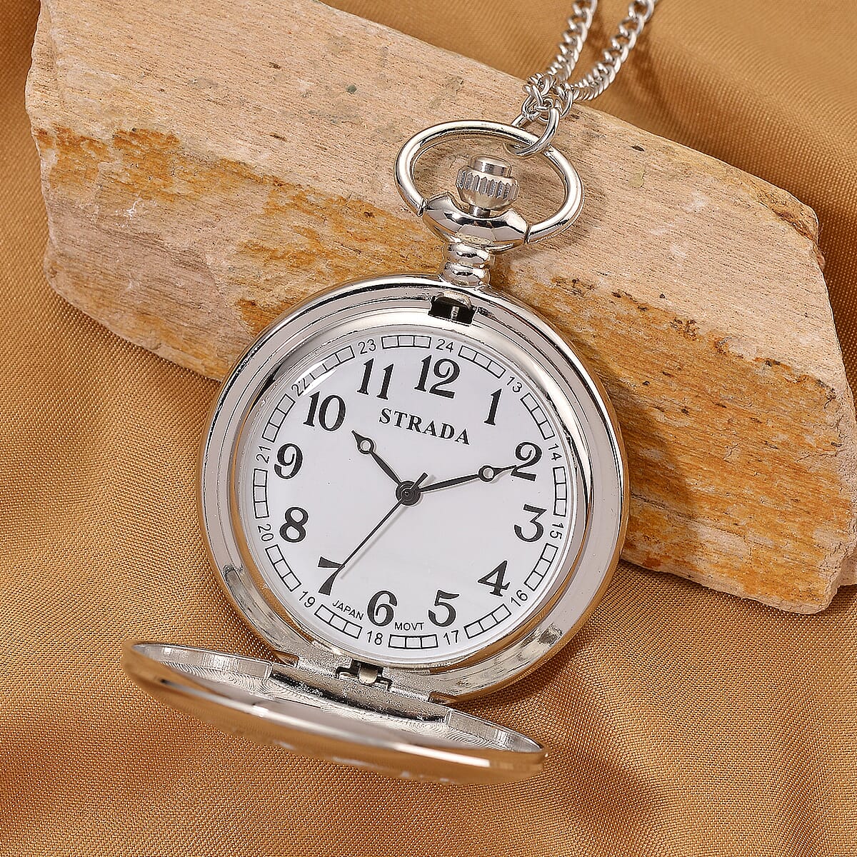 Strada Japanese Movement Dragon and Phoenix Pattern Pocket Watch with Chain (36 Inches) in Silvertone image number 1