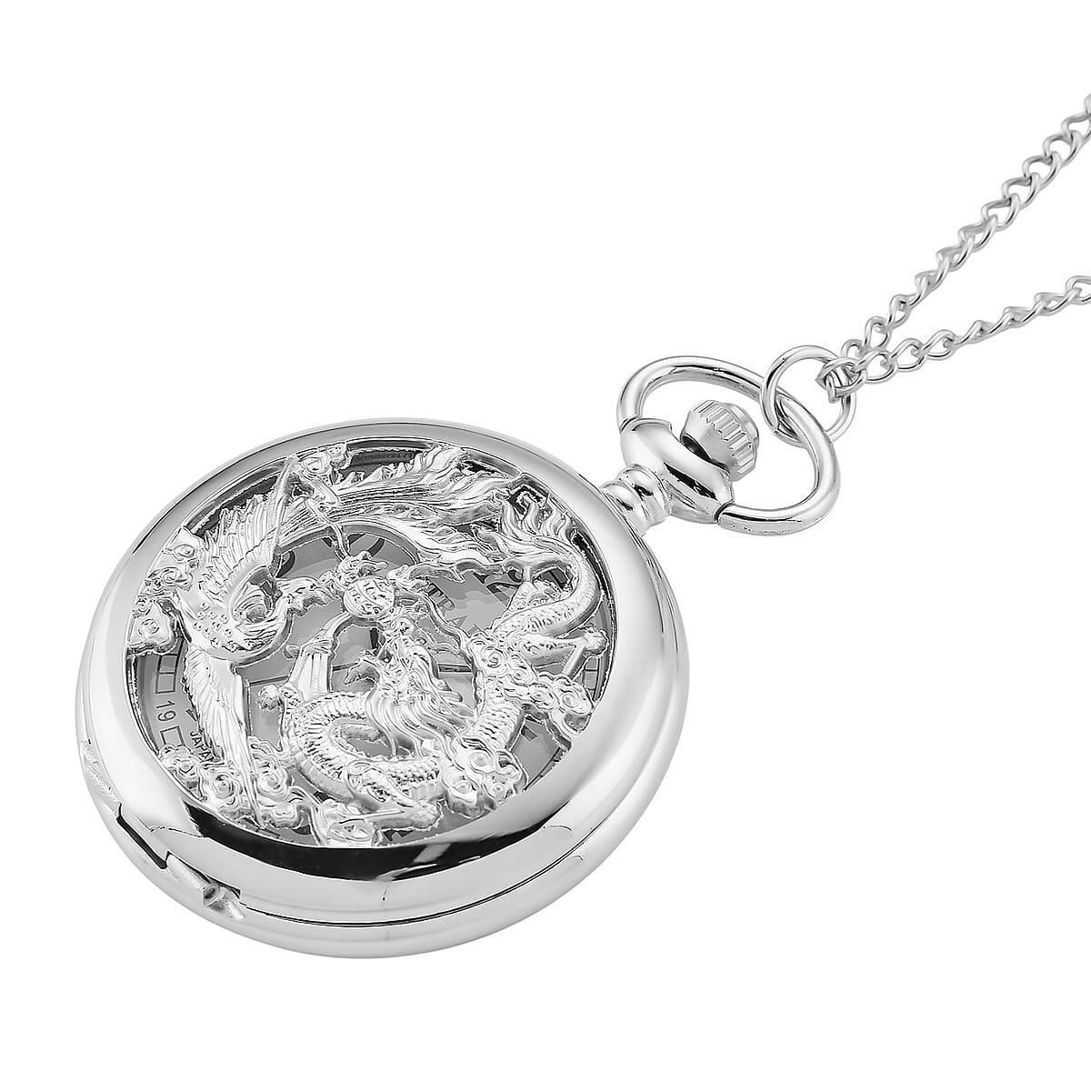 Strada Japanese Movement Dragon and Phoenix Pattern Pocket Watch with Chain (36 Inches) in Silvertone image number 2