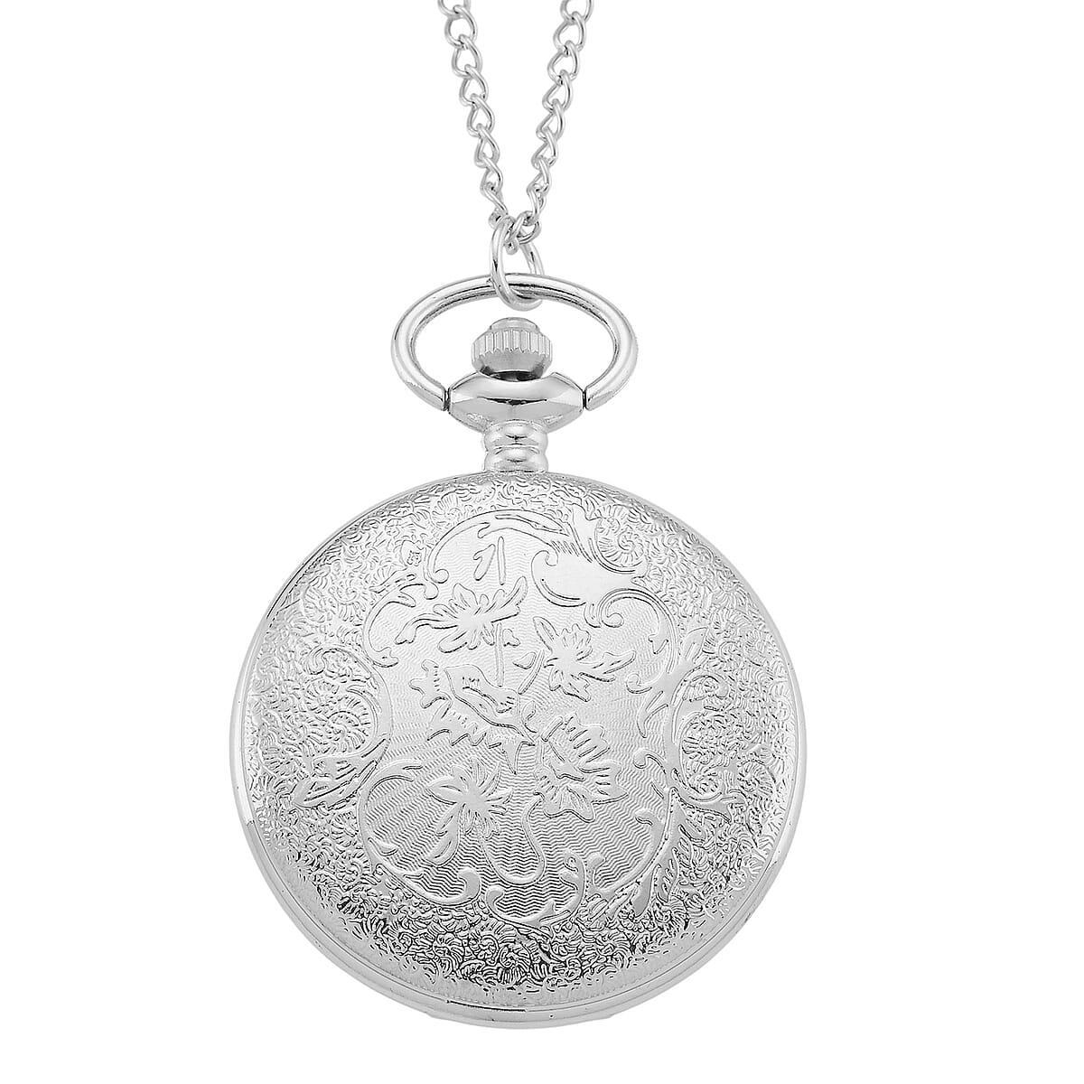 Strada Japanese Movement Dragon and Phoenix Pattern Pocket Watch with Chain (36 Inches) in Silvertone image number 3