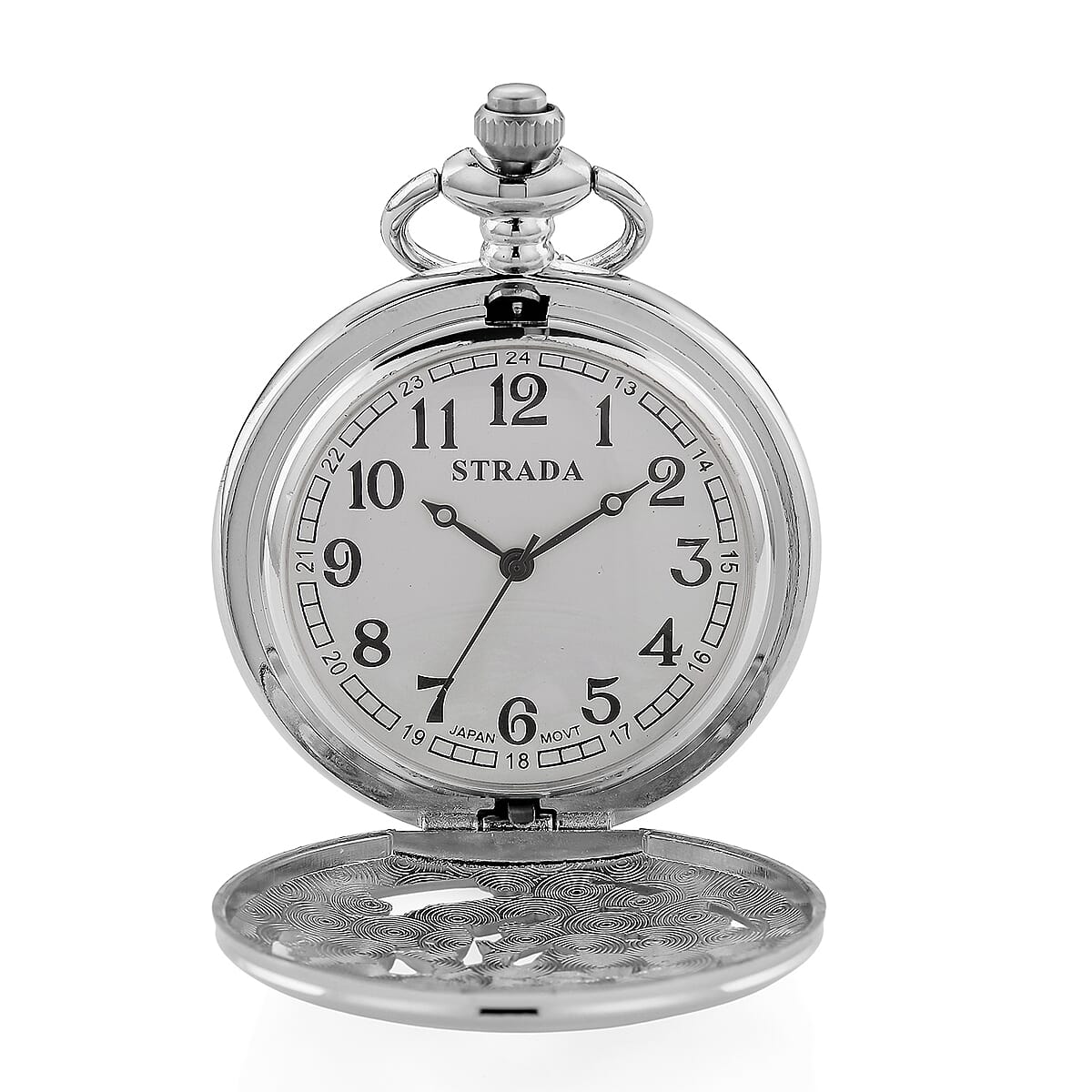 Strada Japanese Movement Dragon and Phoenix Pattern Pocket Watch with Chain (36 Inches) in Silvertone image number 4