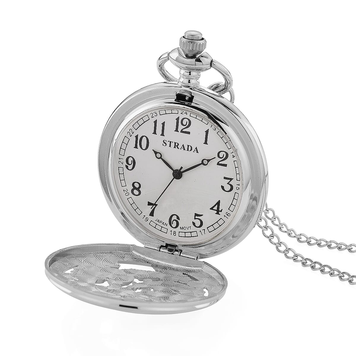 Strada Japanese Movement Dragon and Phoenix Pattern Pocket Watch with Chain (36 Inches) in Silvertone image number 5