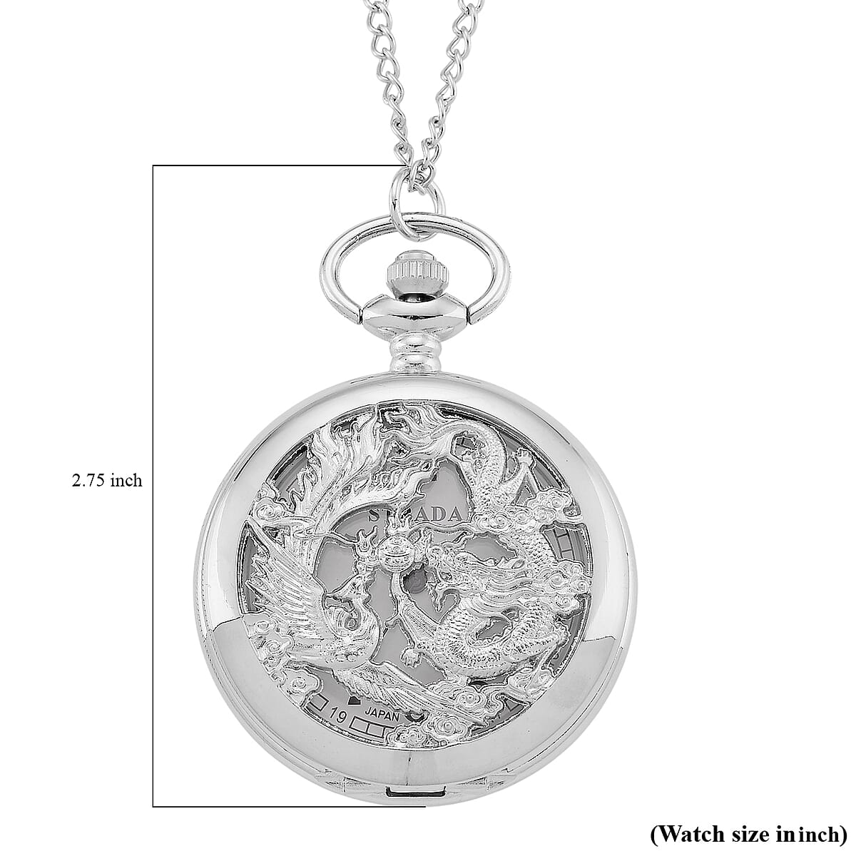 Strada Japanese Movement Dragon and Phoenix Pattern Pocket Watch with Chain (36 Inches) in Silvertone image number 7