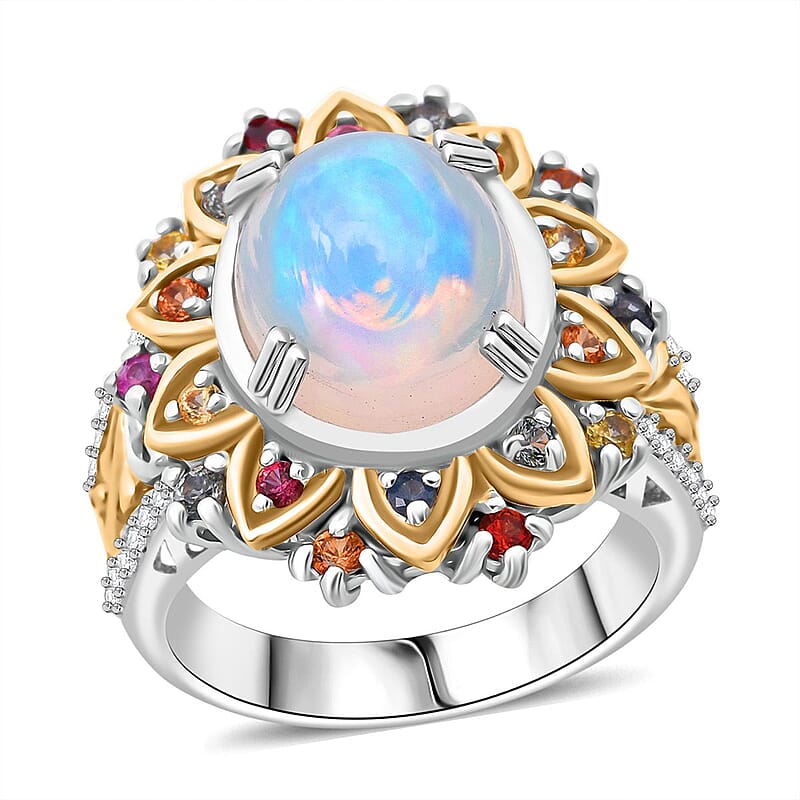 D'Joy Ethiopian Welo Opal and Multi Gemstone 3.90 ctw  Moonflower Ring in 18K Vermeil YG and Rhodium Over Sterling Silver (Size 10.0)