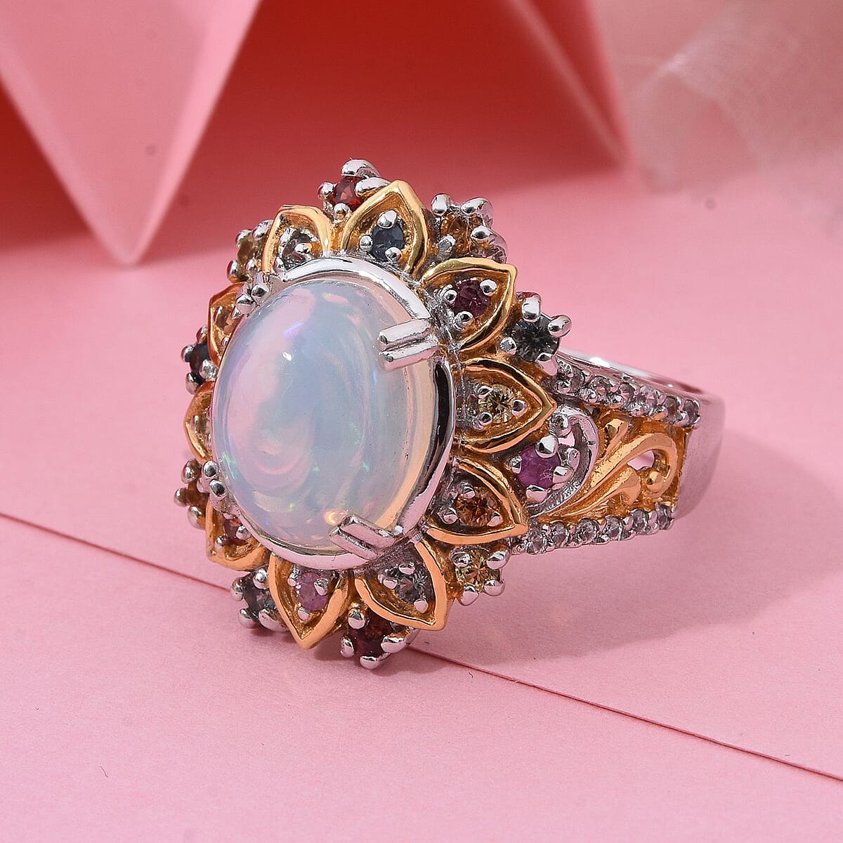 D'Joy Ethiopian Welo Opal, Multi Gemstone Moonflower Ring in 18K Vermeil YG and Rhodium Over Sterling Silver 3.90 ctw (Size 7.0) image number 1