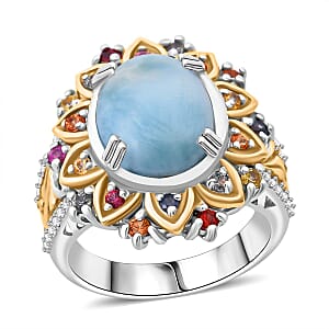 Doorbuster D'Joy Larimar and Multi Gemstone 5.75 ctw Ring in 18K Vermeil YG and Rhodium Over Sterling Silver (Size 10.0)
