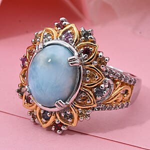 D'Joy Larimar, Multi Gemstone Moonflower Ring in 18K Vermeil YG and Rhodium Over Sterling Silver 5.75 ctw (Size 8.0)