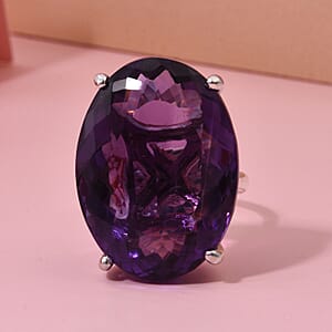 D'Joy Premium African Amethyst 50.00 ctw Solitaire Ring in Rhodium Over Sterling Silver (Size 10.0) 