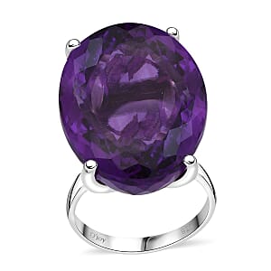 D'Joy Premium African Amethyst 50.00 ctw Solitaire Ring in Rhodium Over Sterling Silver (Size 8.0) 