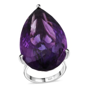 D'Joy Premium African Amethyst 50.00 ctw Solitaire Ring in Rhodium Over Sterling Silver (Size 7.0) 