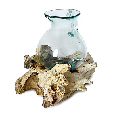 Artisan Glass Pitcher on Natural Wood Base