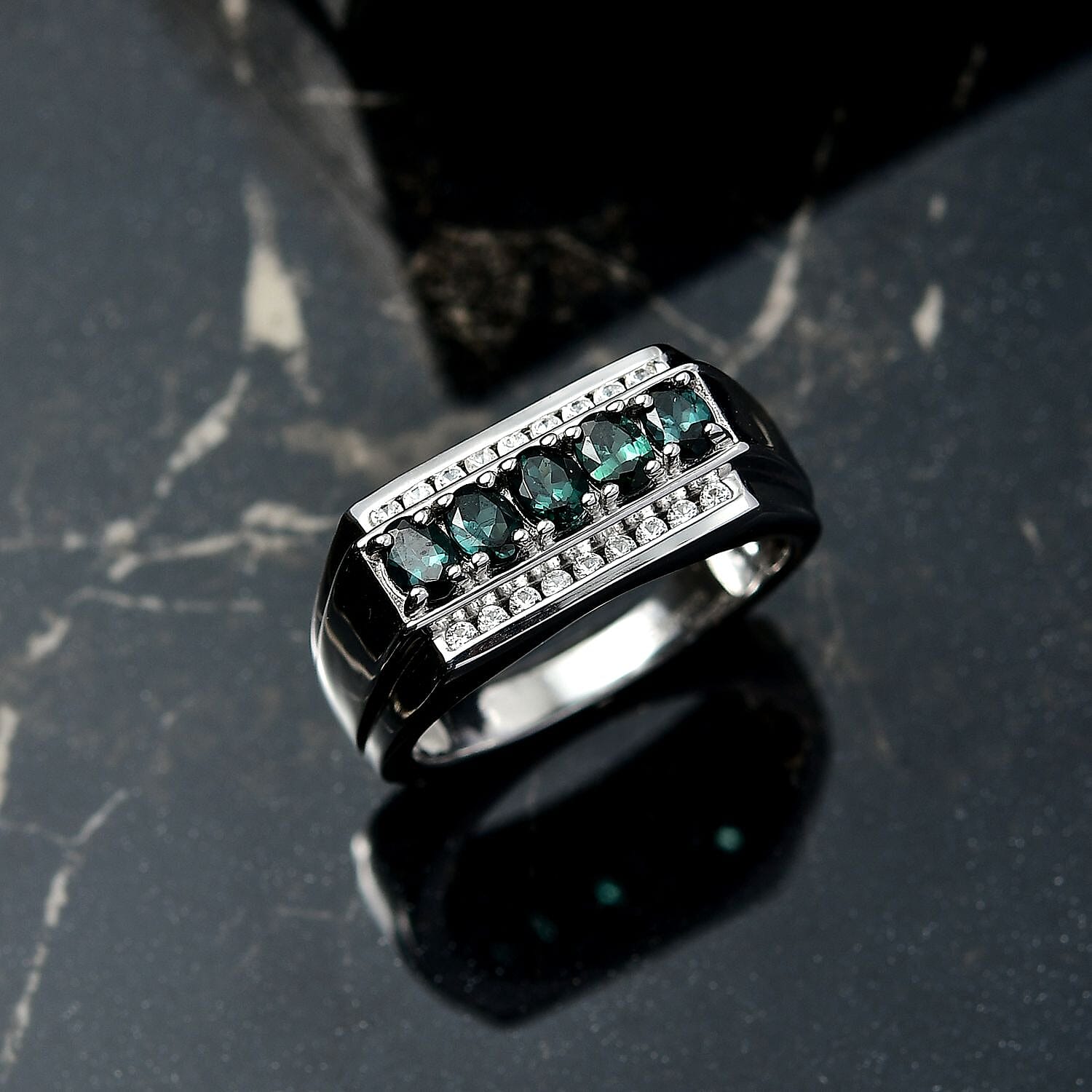 D'Joy Premium Monte Belo Indicolite and White Zircon 1.30 ctw Men's Ring in Rhodium Over Sterling Silver (Size 10.0)