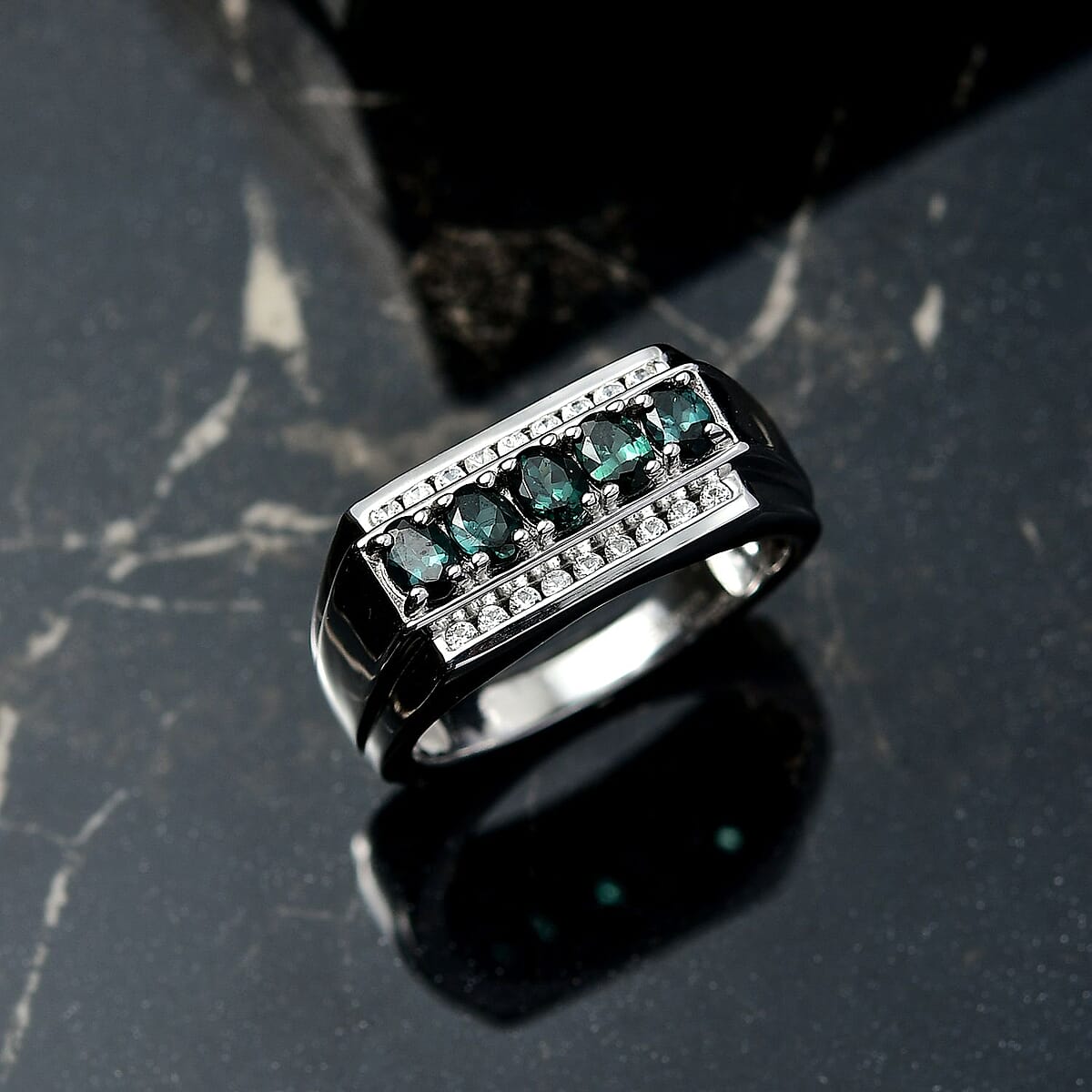 D'Joy Premium Monte Belo Indicolite and White Zircon 1.30 ctw Men's Ring in Rhodium Over Sterling Silver (Size 11.0) image number 1