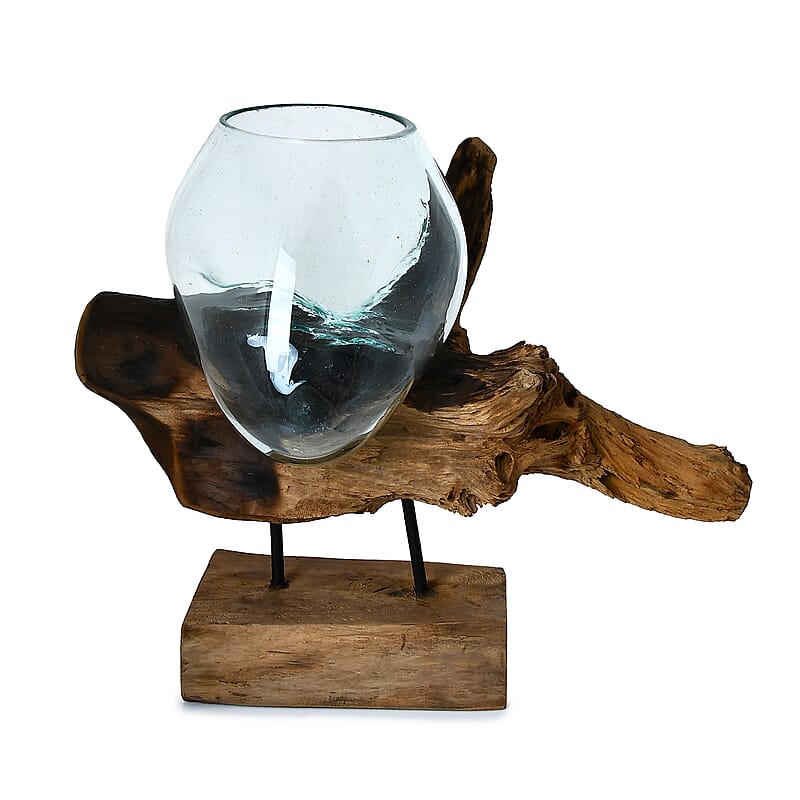 Natural Wood Base Glass Pitcher