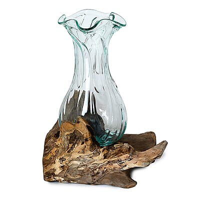 Decorative Handblown Glass Pitcher with Wood Base