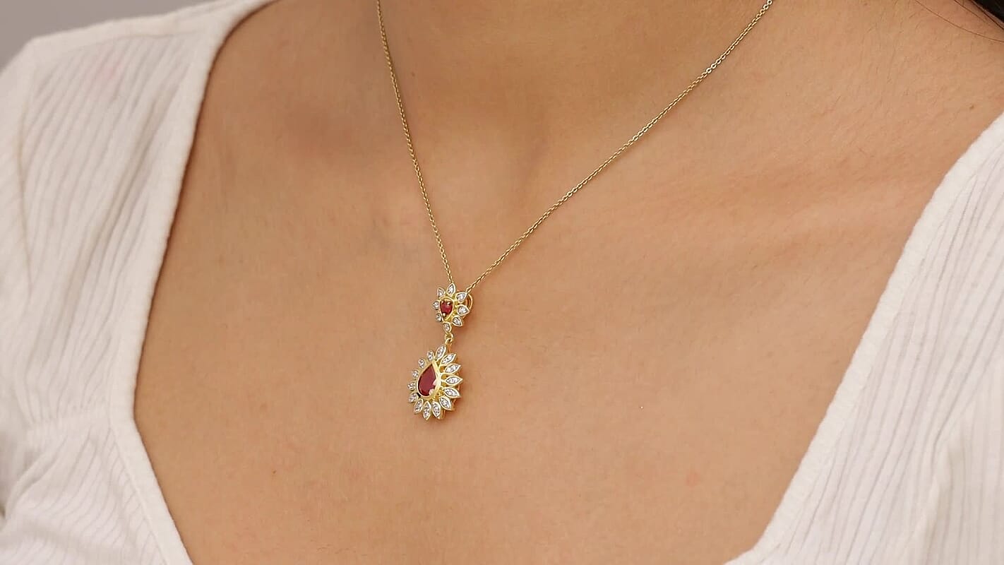 D'Joy African Ruby and White Zircon 2.30 ctw Pendant Without Chain in 18K YG Over Sterling Silver