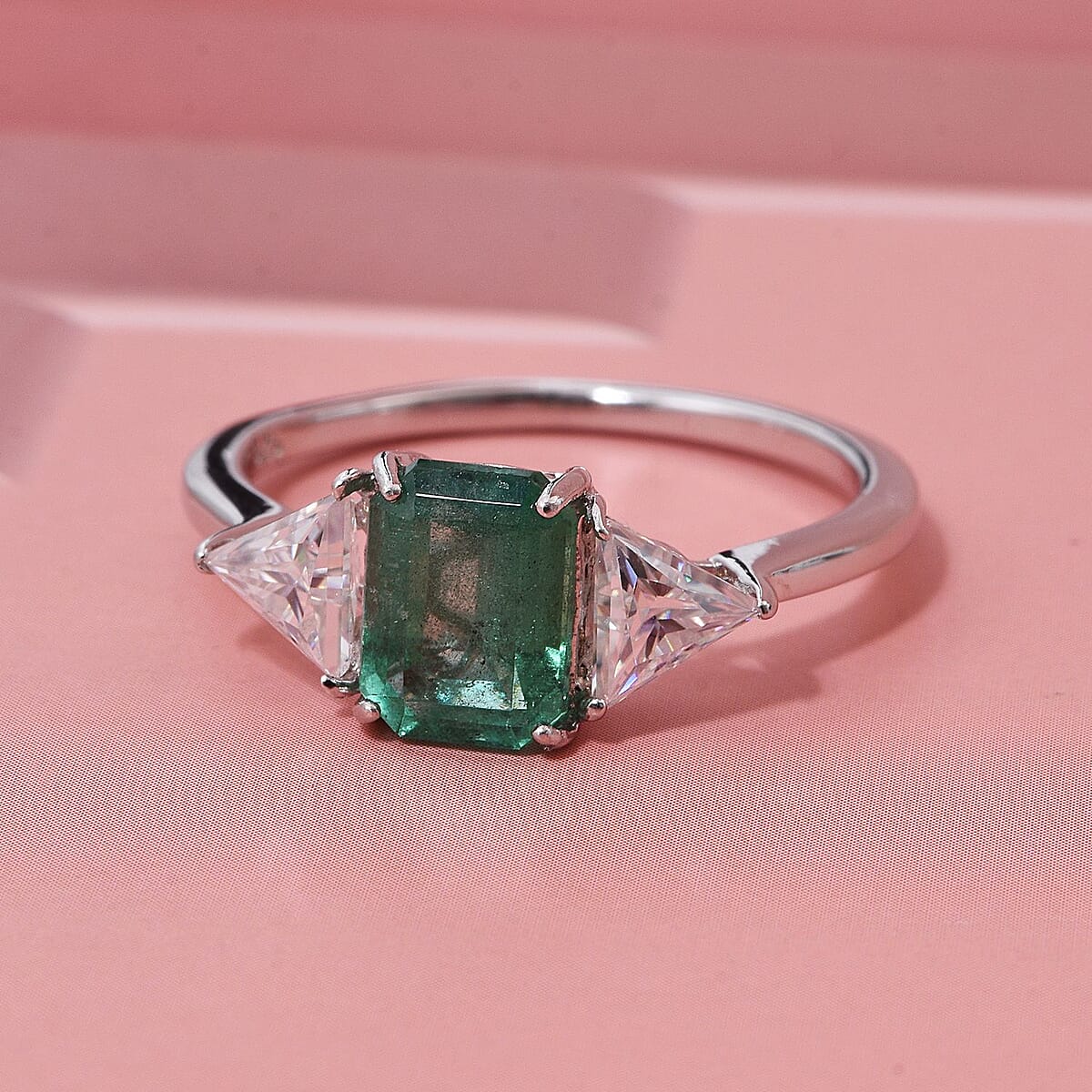 D'Joy Premium Kagem Zambian Emerald and Moissanite 2.50 ctw Trilogy Ring in Rhodium Over Sterling Silver (Size 10.0) image number 1