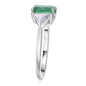 D'Joy Premium Kagem Zambian Emerald and Moissanite 2.50 ctw Trilogy Ring in Rhodium Over Sterling Silver (Size 10.0)