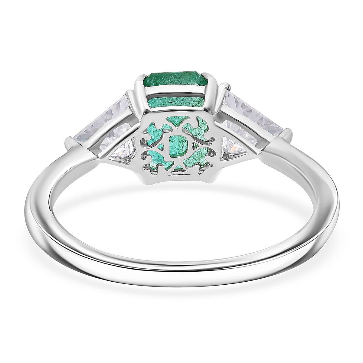 D'Joy Premium Kagem Zambian Emerald and Moissanite 2.50 ctw Trilogy Ring in Rhodium Over Sterling Silver (Size 10.0) image number 4