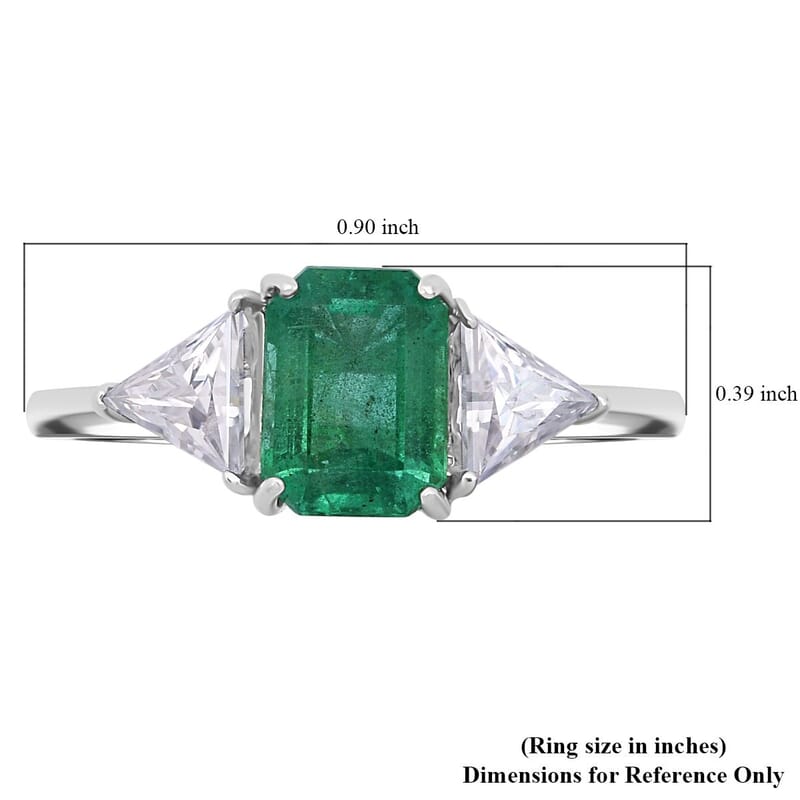 D'Joy Premium Kagem Zambian Emerald and Moissanite 2.50 ctw Trilogy Ring in Rhodium Over Sterling Silver (Size 10.0)
