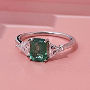D'Joy Premium Kagem Zambian Emerald and Moissanite 2.50 ctw Trilogy Ring in Rhodium Over Sterling Silver (Size 6.0)