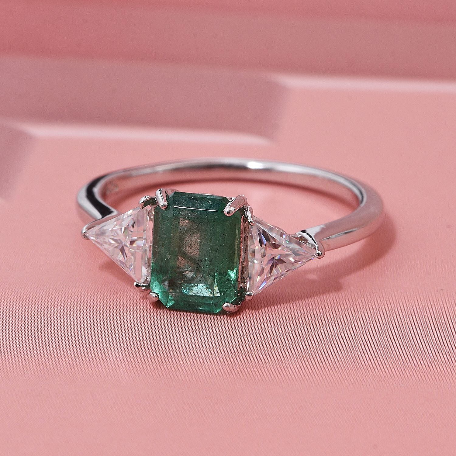 D'Joy Premium Kagem Zambian Emerald,  Moissanite Ring in Rhodium Over Sterling Silver (Size 10.0) 2.50 ctw