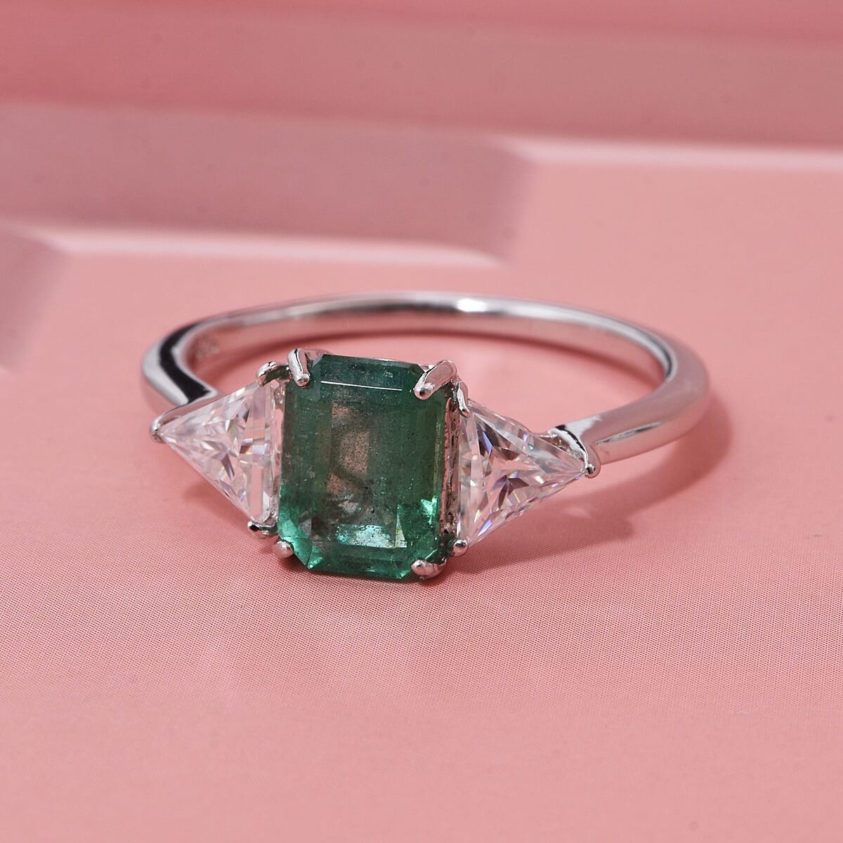 D'Joy Premium Kagem Zambian Emerald and Moissanite 2.50 ctw Ring in Rhodium Over Sterling Silver (Size 8.0) image number 1