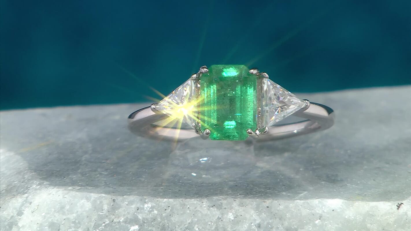 D'Joy Premium Kagem Zambian Emerald,  Moissanite Ring in Rhodium Over Sterling Silver (Size 10.0) 2.50 ctw