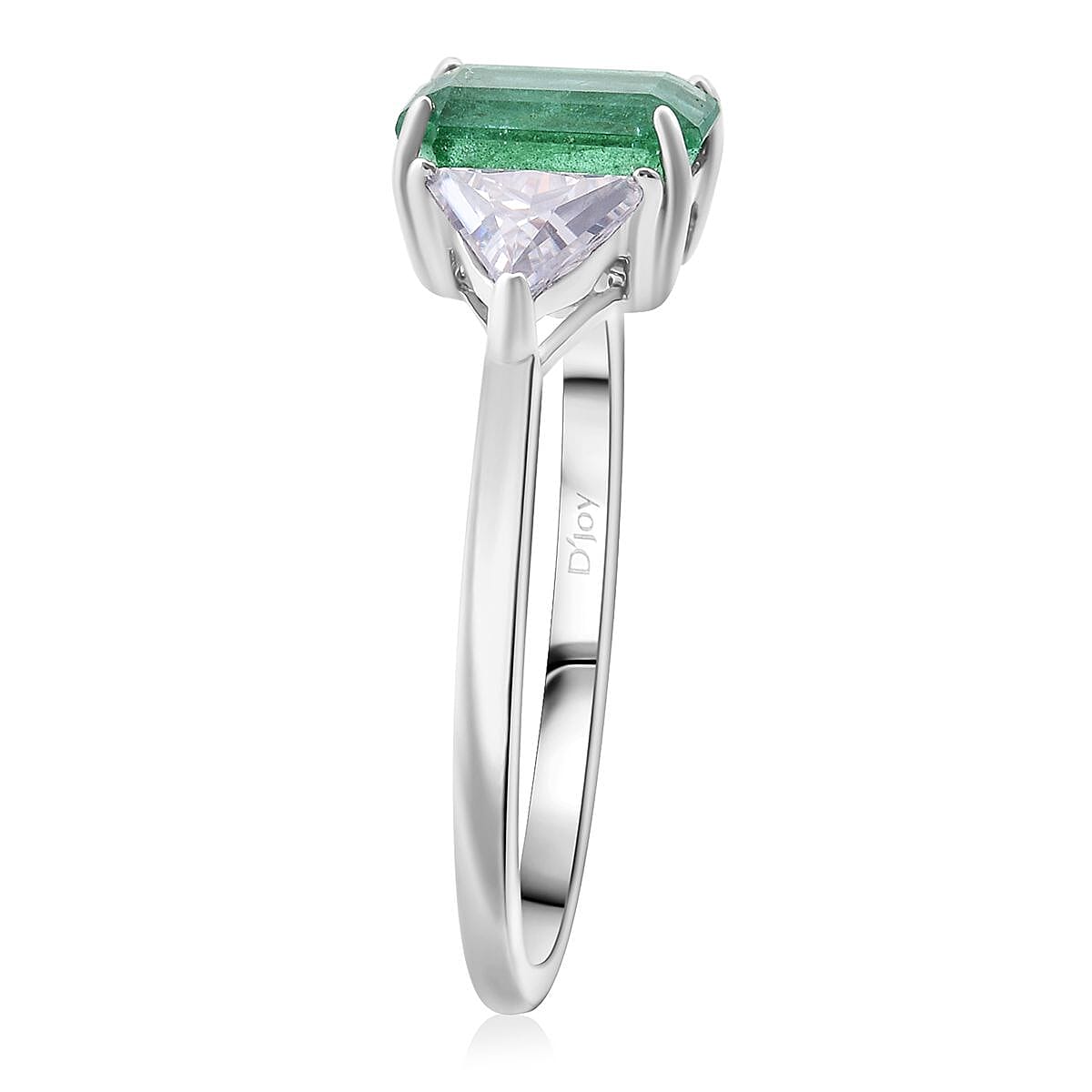 D'Joy Premium Kagem Zambian Emerald and Moissanite 2.50 ctw Trilogy Ring in Rhodium Over Sterling Silver (Size 8.0)