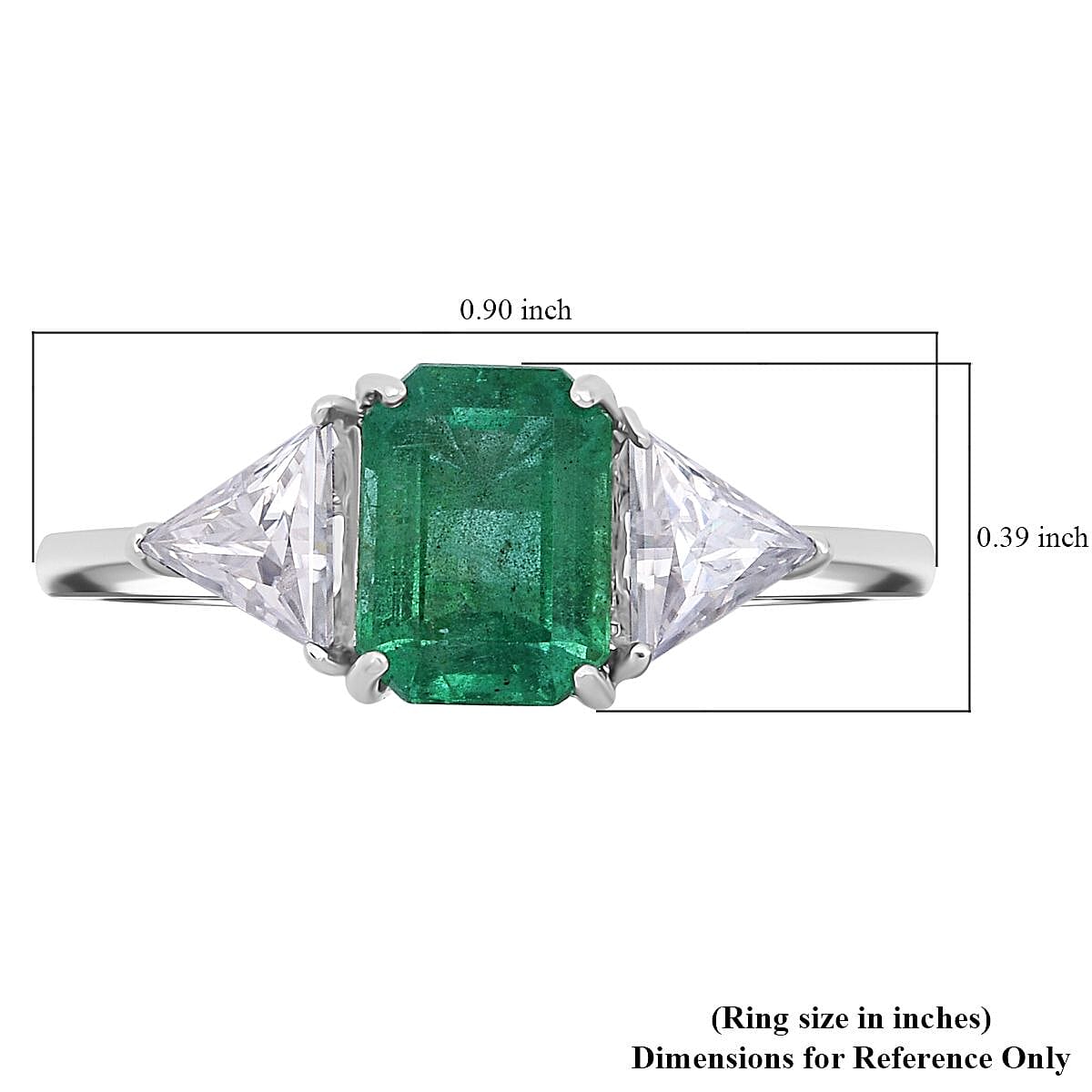 D'Joy Premium Kagem Zambian Emerald and Moissanite 2.50 ctw Trilogy Ring in Rhodium Over Sterling Silver (Size 8.0)