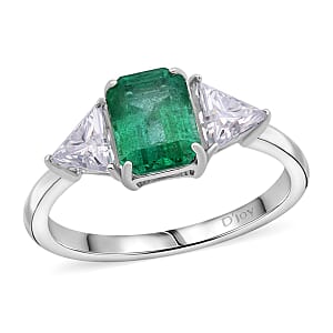 D'Joy Premium Kagem Zambian Emerald and Moissanite 2.50 ctw Trilogy Ring in Rhodium Over Sterling Silver (Size 9.0)