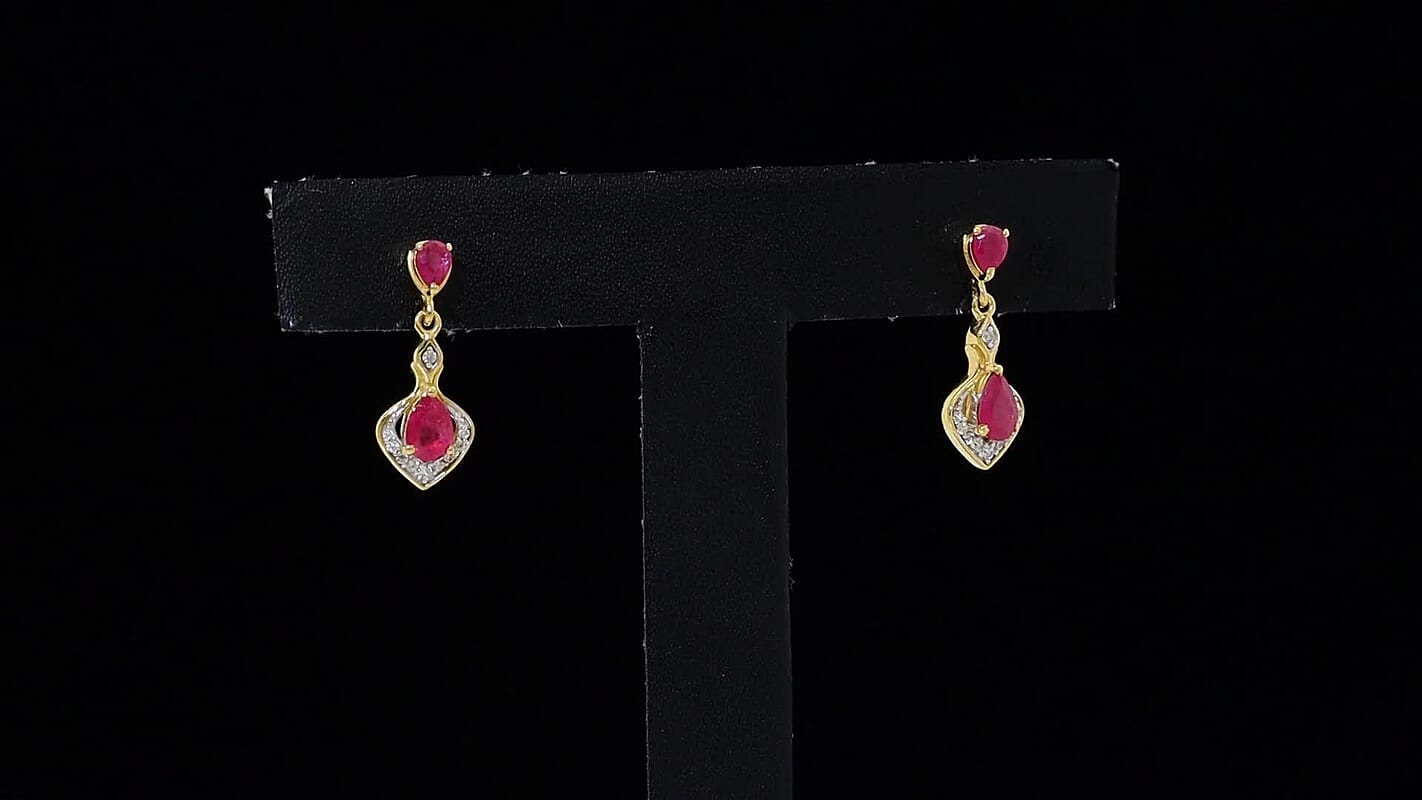 D’joy African Ruby (FF) and White Zircon 1.80 ctw Earrings in 18K Vermeil Yellow Gold Over Sterling Silver
