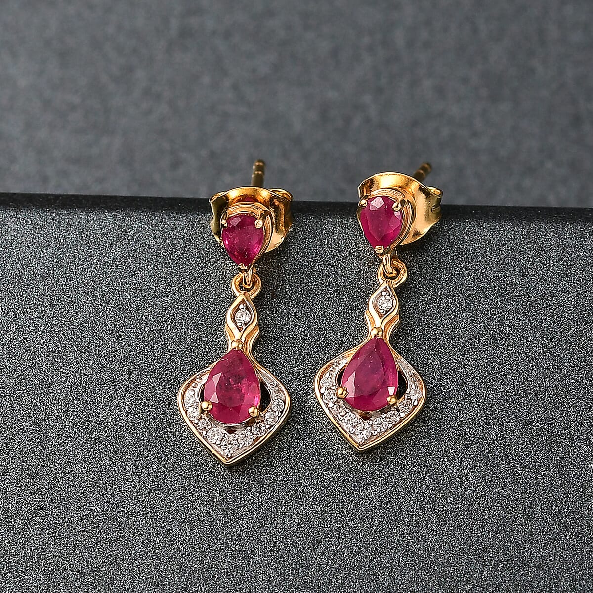 D&rsquo;joy African Ruby (FF) and White Zircon 1.80 ctw Earrings in 18K Vermeil Yellow Gold Over Sterling Silver image number 1