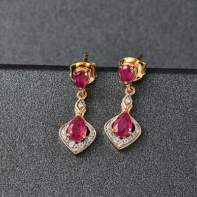 D’joy African Ruby (FF) and White Zircon 1.80 ctw Earrings in 18K Vermeil Yellow Gold Over Sterling Silver