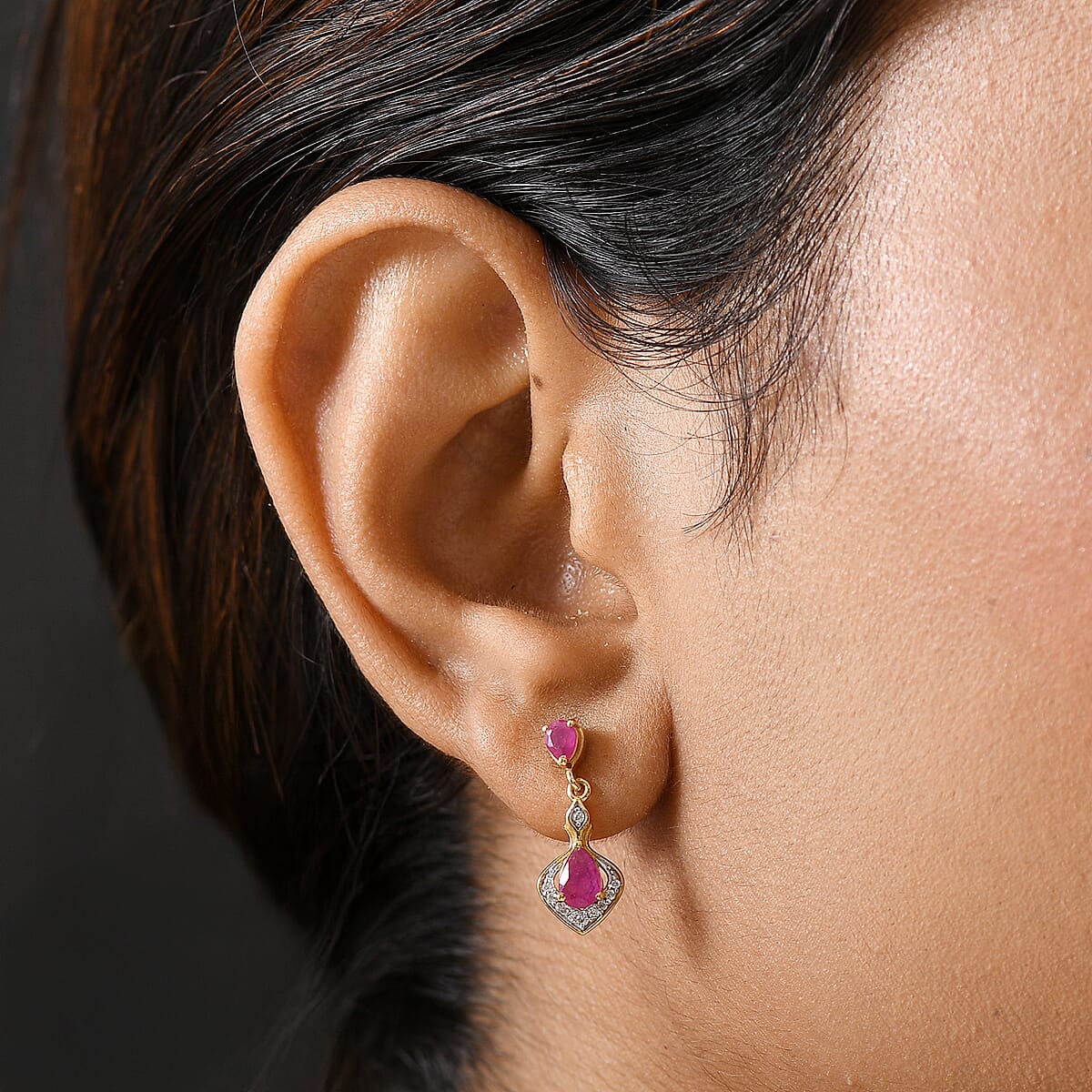 D&rsquo;joy African Ruby (FF) and White Zircon 1.80 ctw Earrings in 18K Vermeil Yellow Gold Over Sterling Silver image number 2