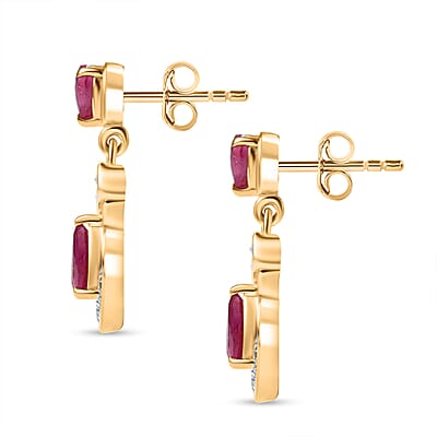 D’joy African Ruby (FF) and White Zircon 1.80 ctw Earrings in 18K Vermeil Yellow Gold Over Sterling Silver