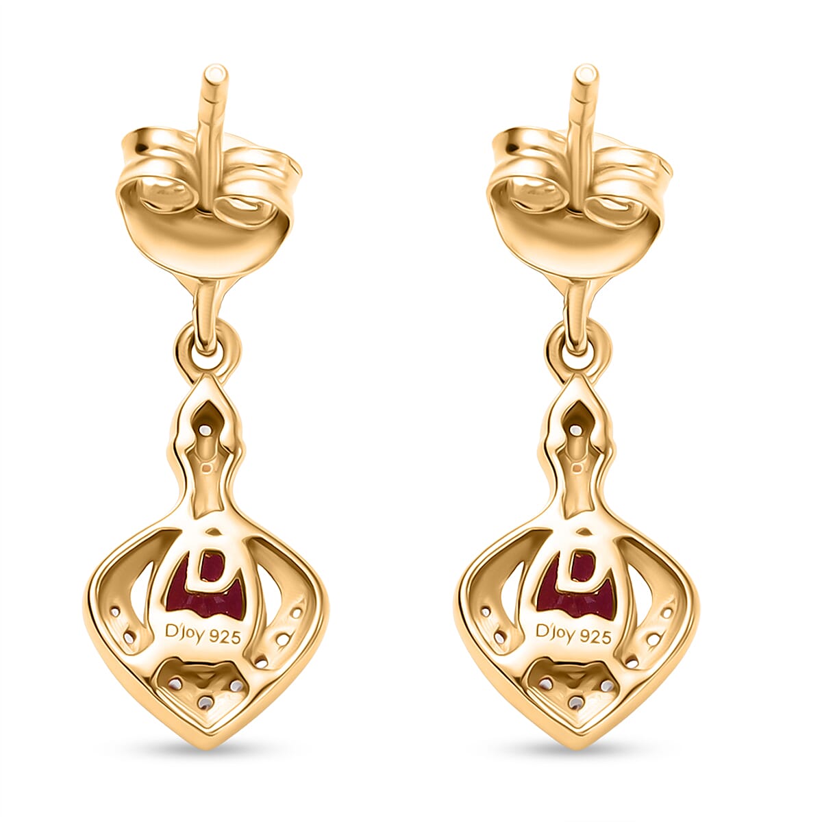D’joy African Ruby (FF) and White Zircon 1.80 ctw Earrings in 18K Vermeil Yellow Gold Over Sterling Silver