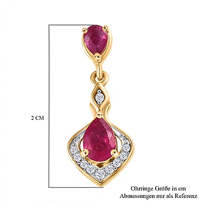 D’joy African Ruby (FF) and White Zircon 1.80 ctw Earrings in 18K Vermeil Yellow Gold Over Sterling Silver