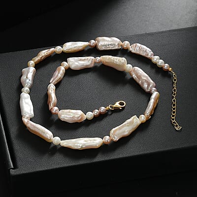 Golden Biwa and White Freshwater Pearl Necklace in 18K Vermeil Yellow Gold Over Sterling Silver 18 Inches