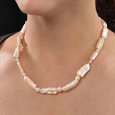 Golden Biwa and White Freshwater Pearl Necklace in 18K Vermeil Yellow Gold Over Sterling Silver 18 Inches