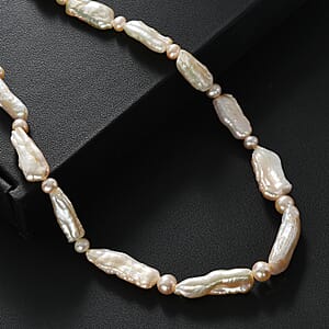 Pink Biwa and White Freshwater Pearl Necklace in 18K Vermeil Yellow Gold Over Sterling Silver 18 Inches