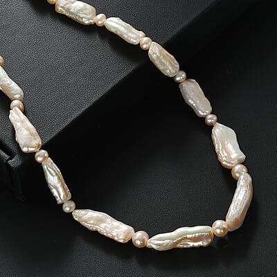 Pink Biwa and White Freshwater Pearl Necklace in 18K Vermeil Yellow Gold Over Sterling Silver 18 Inches