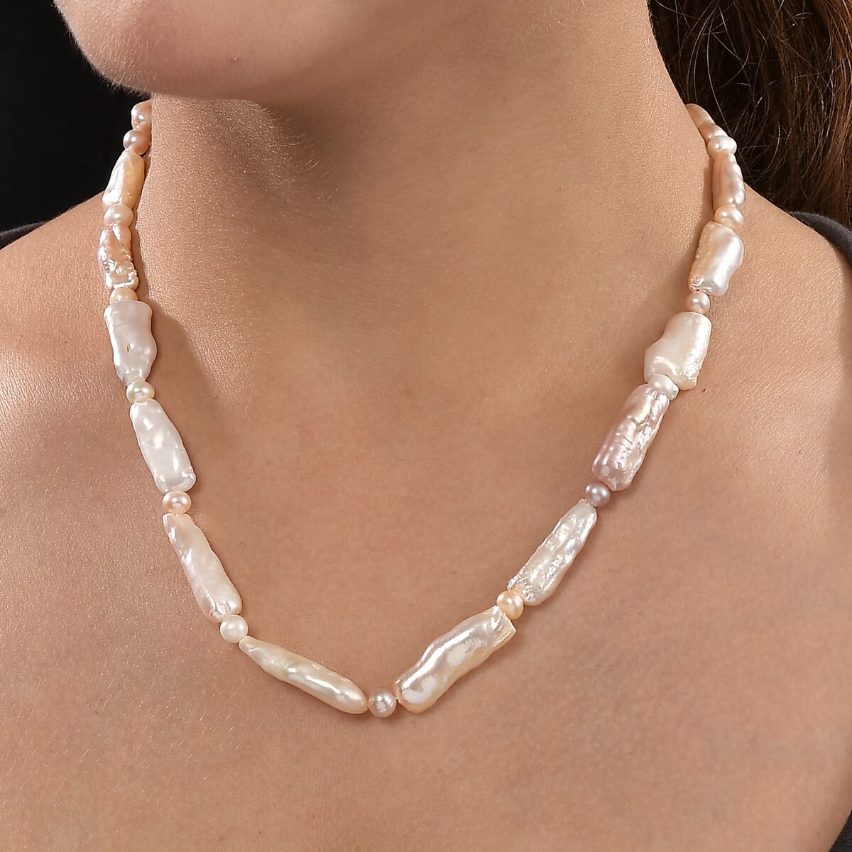 Pink Biwa and White Freshwater Pearl Necklace in 18K Vermeil Yellow Gold Over Sterling Silver 18 Inches image number 2