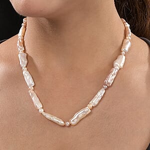 Pink Biwa and White Freshwater Pearl Necklace in 18K Vermeil Yellow Gold Over Sterling Silver 18 Inches