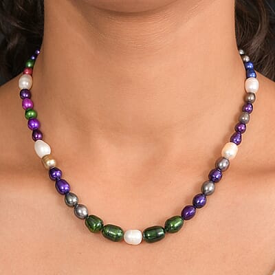 Freshwater Pearl and Multi Color Dyed Pearl Necklace in Platinum Bond 18 Inches