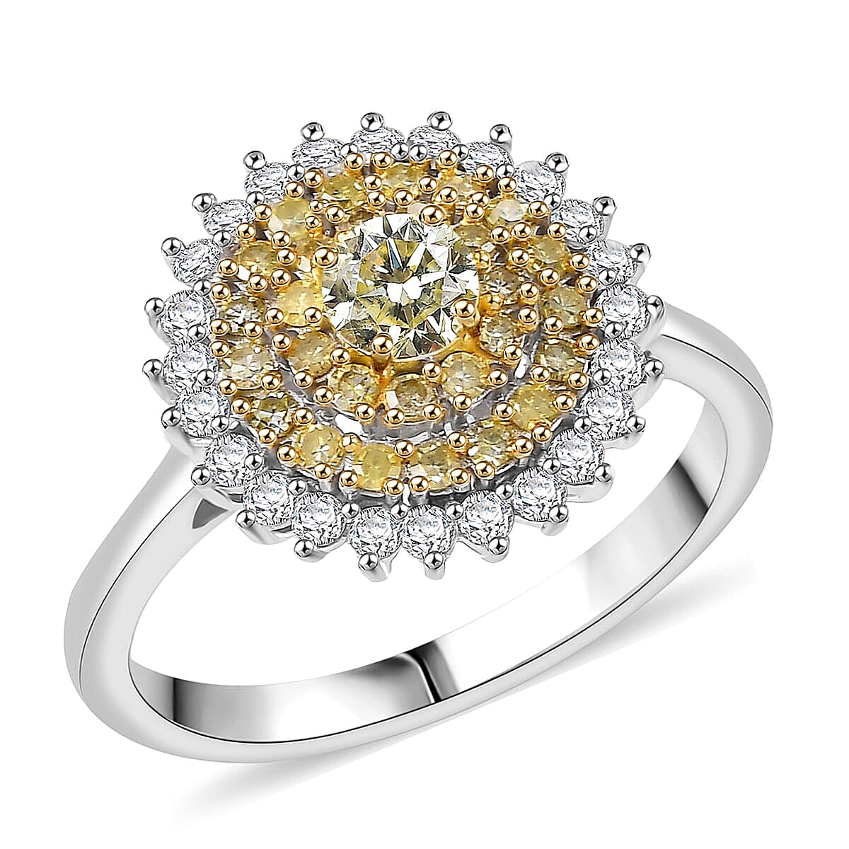 D'Joy Natural Yellow and White Diamond I2-I3 1.00 ctw Blooming Floral Ring in Rhodium Over Sterling Silver (Size 10.0)  image number 0