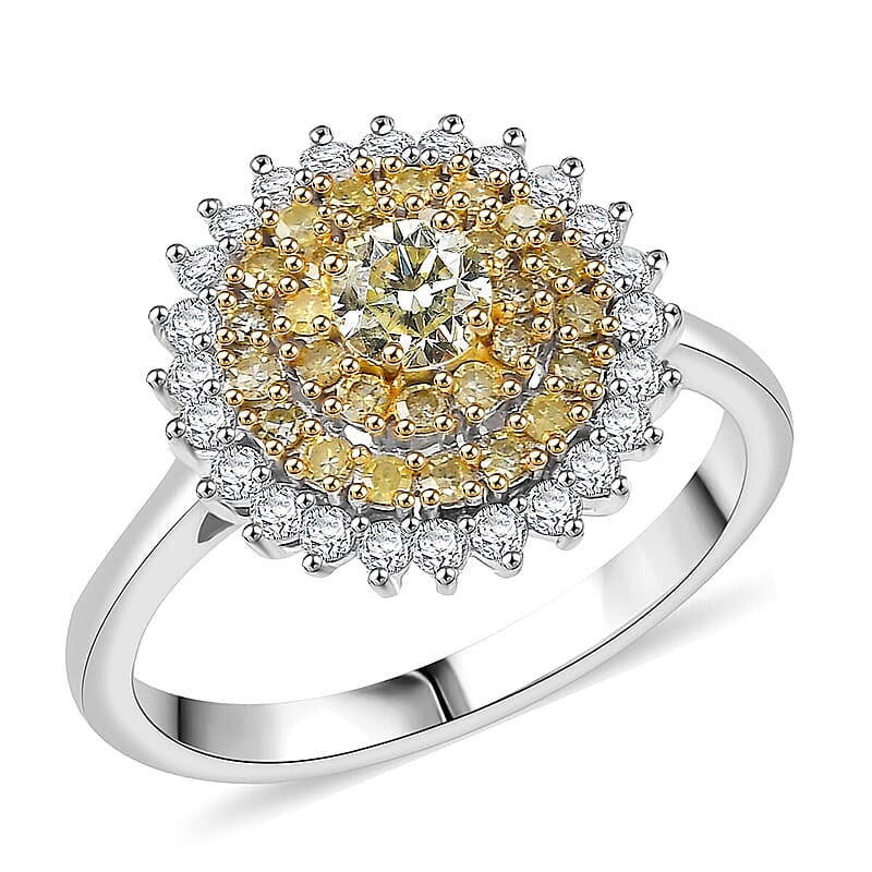 D'Joy Natural Yellow Diamond, White Diamond Floral Ring in Rhodium Over Sterling Silver 1.00 ctw (Size 10.0)
