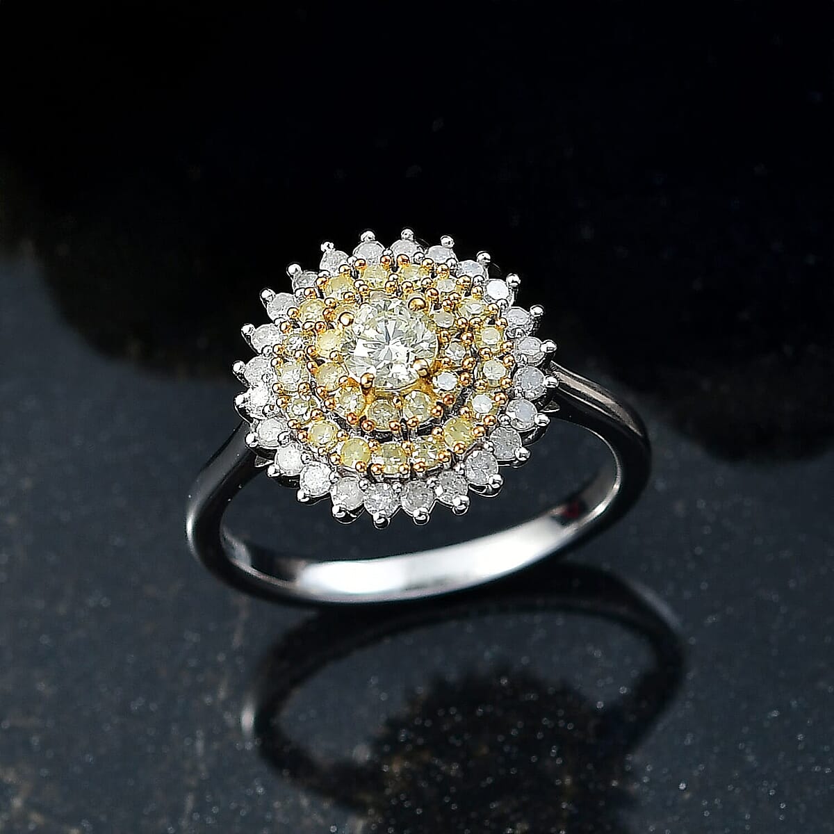 D'Joy Natural Yellow and White Diamond I2-I3 1.00 ctw Blooming Floral Ring in Rhodium Over Sterling Silver (Size 10.0)  image number 1