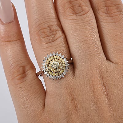D'Joy Natural Yellow Diamond, White Diamond Floral Ring in Rhodium Over Sterling Silver 1.00 ctw (Size 10.0)