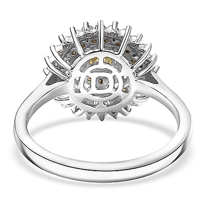 D'Joy Natural Yellow Diamond, White Diamond Floral Ring in Rhodium Over Sterling Silver 1.00 ctw (Size 10.0)