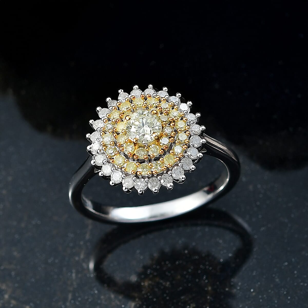 D'Joy Natural Yellow and White Diamond I2-I3 1.00 ctw Blooming Floral Ring in Rhodium Over Sterling Silver (Size 7.0)  image number 1
